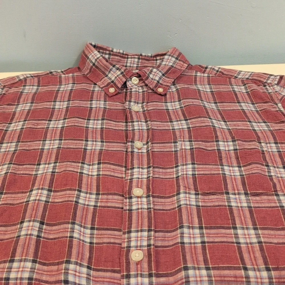 Banana Republic Men's Medium Linen Camden Standard Fit Short Sleeve Plaid Shirt